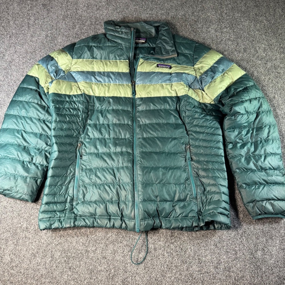 Patagonia Women XL Down Sweater Puffer Jacket Teal Green Striped Full Zip Puffy